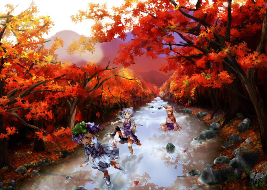 absurdres autumn blue_eyes blue_hair boots bow brown_eyes cirno clenched_hands dress expressionless forest glint grass grin hair_bobbles hair_bow hair_ornament hand_on_own_face hat hex_(tanhexun) highres horn_ribbon horns ibuki_suika ice ice_wings kawashiro_nitori key knee_up leaf leg_up long_hair long_sleeves looking_at_another looking_at_viewer maple_leaf maple_tree midriff multiple_girls nature orange_hair outdoors panties pantyshot pantyshot_(standing) reflection ribbon rock rubber_boots shade shirt short_hair short_sleeves signature sitting skirt skirt_set sleeveless sleeveless_shirt smile splashing standing stream touhou tree two_side_up underwear wading wet wet_clothes white_panties wings