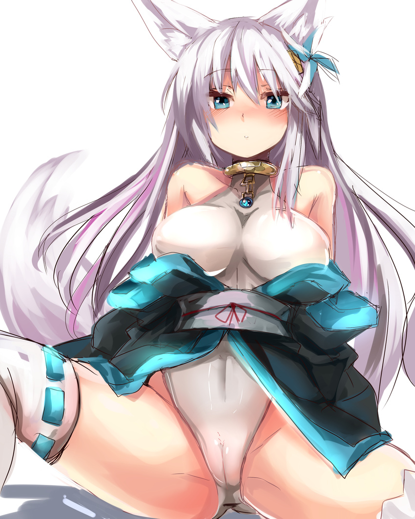 absurdres animal_ears arms_behind_back bare_shoulders blue_eyes borrowed_character breasts cameltoe collar fox_ears haik hair_ornament highres japanese_clothes kimono large_breasts leotard long_hair mizuki_(kutan) off_shoulder original see-through silver_hair sitting solo spread_legs tail thighhighs