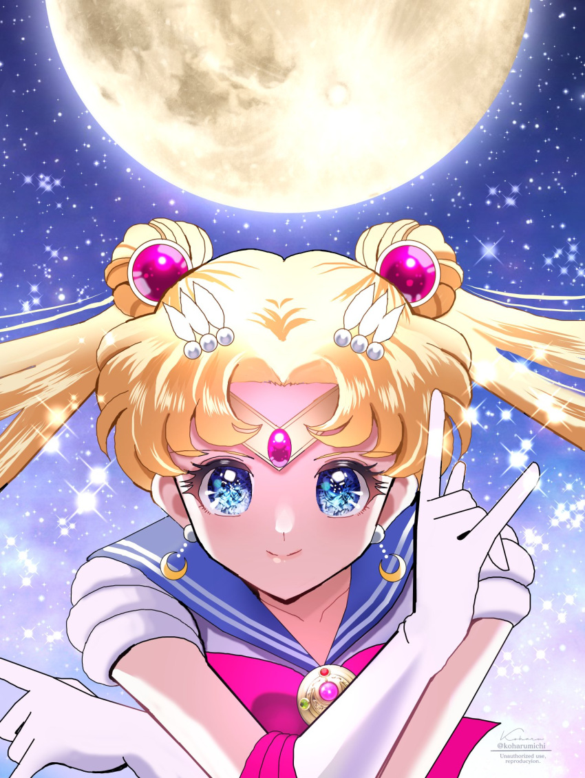 1girl bishoujo_senshi_sailor_moon blonde_hair blue_eyes blue_sailor_collar double_bun hair_bun highres koharumichi long_hair sailor_collar sailor_moon sailor_senshi_uniform solo tsukino_usagi twintails