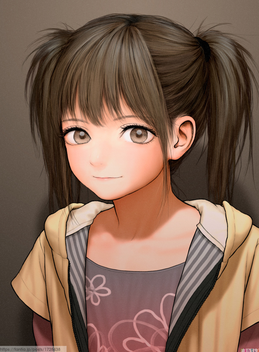 1girl blush brown_hair closed_mouth flat_chest floral_print grey_eyes hair_tie highres jacket looking_at_viewer open_clothes open_jacket original revision rustle shirt smile solo twintails unzipped upper_body yellow_jacket