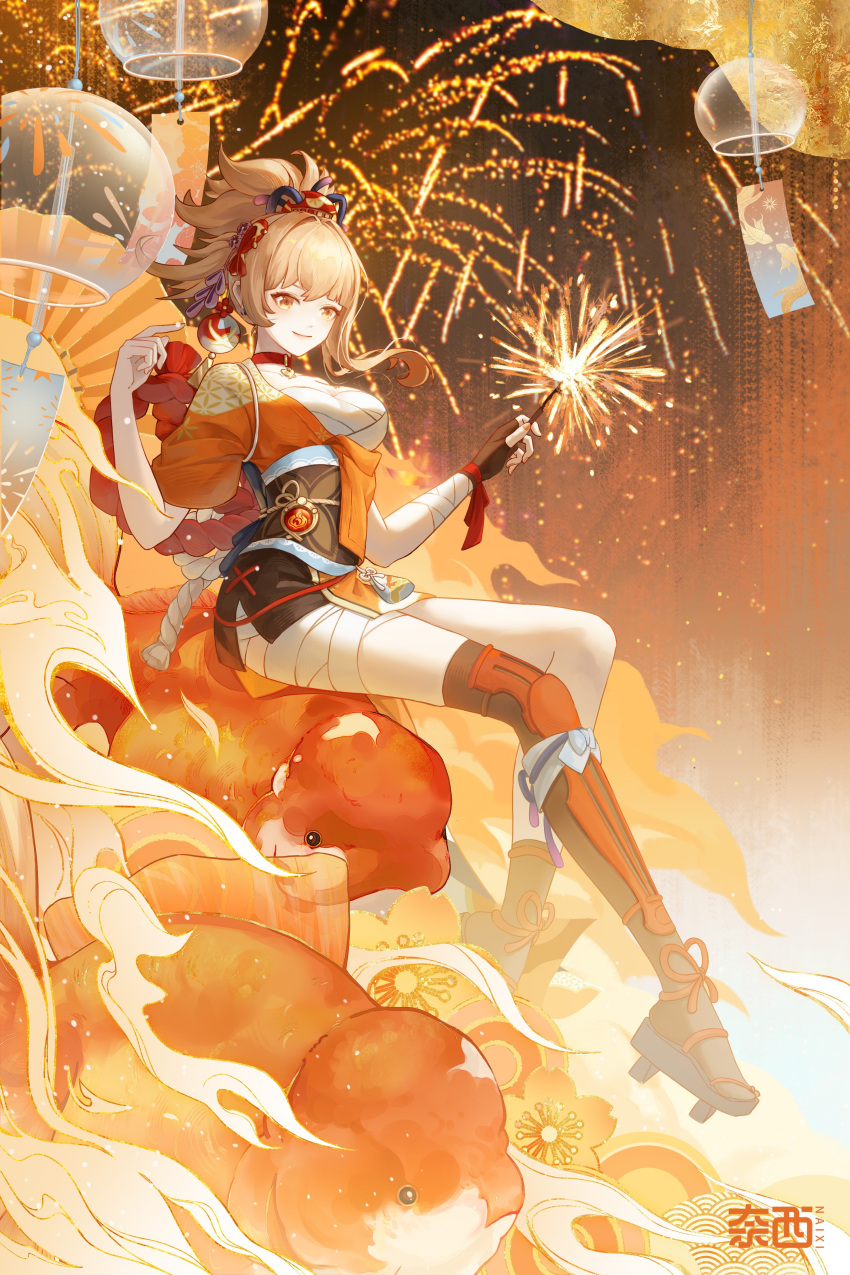 1girl absurdres artist_name bandaged_arm bandaged_leg bandages black_gloves blonde_hair breasts butterfly_choker chest_sarashi choker cleavage closed_mouth commentary_request fingerless_gloves fireworks full_body genshin_impact gloves hadanugi_dousa hands_up highres holding_fireworks japanese_clothes kimono long_hair naixi_cc obi orange_eyes orange_kimono red_choker sarashi sash single_fingerless_glove smile solo sparkler vision_(genshin_impact) yoimiya_(genshin_impact)