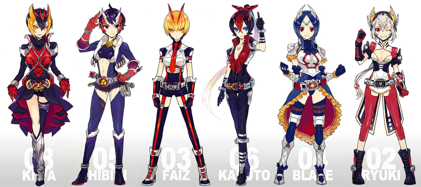 belt blonde_hair blue_eyes blue_hair boots ebira highres image_sample kamen_rider kamen_rider_555 kamen_rider_blade kamen_rider_blade_(series) kamen_rider_faiz kamen_rider_hibiki kamen_rider_hibiki_(series) kamen_rider_kabuto kamen_rider_kabuto_(series) kamen_rider_kiva kamen_rider_kiva_(series) kamen_rider_ryuki kamen_rider_ryuki_(series) long_hair md5_mismatch multiple_girls navel necktie one_eye_closed pixiv_sample ponytail red_eyes rider-tan short_hair silver_hair single_thighhigh skirt thigh_gap thighhighs