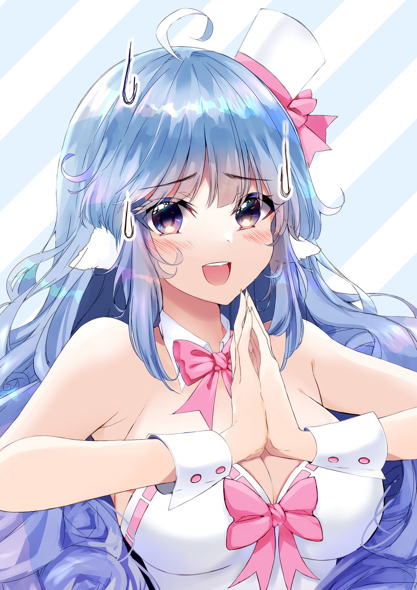 1girl absurdres animal_ears blue_background blue_eyes blue_hair breasts cleavage commentary detached_collar hat hat_ribbon highres indie_virtual_youtuber large_breasts leotard light_blush long_hair looking_at_viewer mini_hat mini_top_hat nervous nervous_smile nervous_sweating open_mouth own_hands_together pink_ribbon ribbon seikopy_(vtuber) sheep_ears sheep_girl sidelocks smile spanish_commentary strapless strapless_leotard striped_background sweat sweatdrop teeth timelessheaven top_hat upper_teeth_only virtual_youtuber white_background white_hat white_leotard