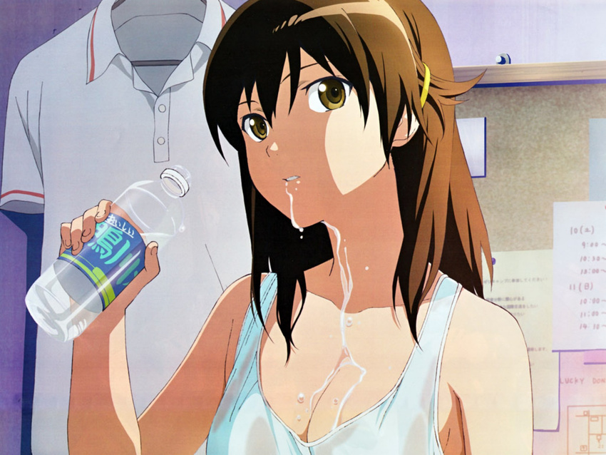 1girl artist_request bare_shoulders bottle breasts brown_eyes brown_hair bust cleavage collarbone dripping female fingernails hair_ornament highres holding indoors kyouno_madoka long_hair looking_at_viewer paper parted_lips rinne_no_lagrange scan solo tank_top uniform wallpaper water water_bottle wet