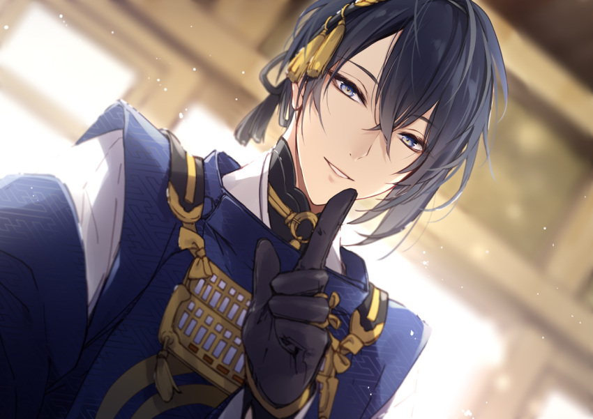 1boy backlighting black_gloves black_hair blue_eyes blurry blurry_background commentary_request eyelashes finger_to_mouth gloves hair_between_eyes japanese_clothes light_particles looking_at_viewer male_focus mikazuki_munechika mochizuki_shiina parted_lips sayagata short_hair shushing smile solo tassel touken_ranbu