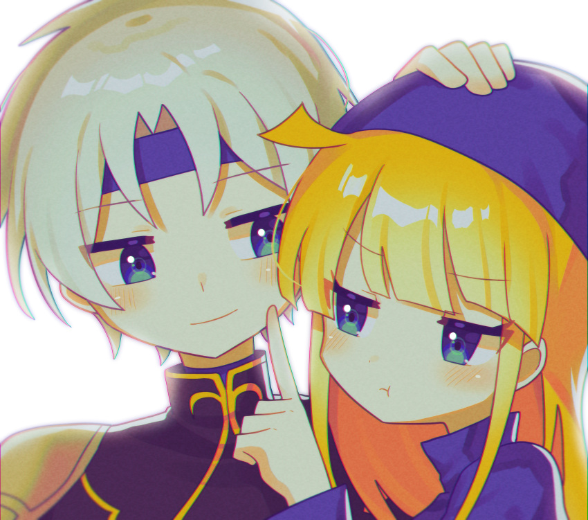 1boy 1girl absurdres blonde_hair blue_eyes blush closed_mouth grey_hair headband highres index_finger_raised long_hair long_sleeves looking_at_another offbeat pout puyopuyo schezo_wegey short_hair smile witch_(puyopuyo)