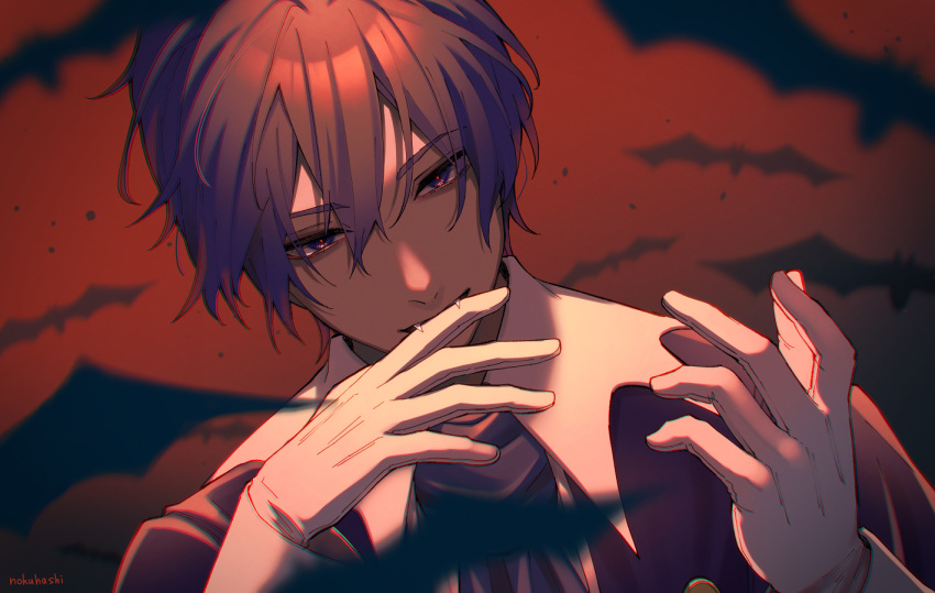 1boy bat_(animal) blue_eyes blue_hair classic_(module) coat commentary_request dark_blue_hair eyelashes fangs fangs_out finger_in_own_mouth gloves glowing_pupils hair_between_eyes kaito_(vocaloid) male_focus narrowed_eyes nokuhashi project_diva_(series) red_sky short_hair signature sky solo upper_body vampire vocaloid white_gloves