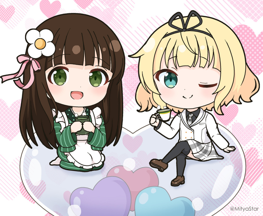 2girls :d ;) ama_usa_an_uniform apron black_shirt black_thighhighs blazer blonde_hair blush brown_footwear brown_hair chibi closed_mouth collared_shirt commentary_request crossed_legs cup frilled_apron frills gochuumon_wa_usagi_desu_ka? green_eyes green_kimono heart heart_background holding holding_cup jacket japanese_clothes kimono kirima_syaro loafers long_hair maid_apron mitya multiple_girls necktie no_shoes one_eye_closed plaid plaid_necktie plaid_skirt pleated_skirt school_uniform seiza shirt shoes sitting skirt smile socks striped_clothes striped_kimono tedeza_rize's_school_uniform thighhighs twitter_username ujimatsu_chiya vertical-striped_clothes vertical-striped_kimono very_long_hair white_apron white_jacket white_socks