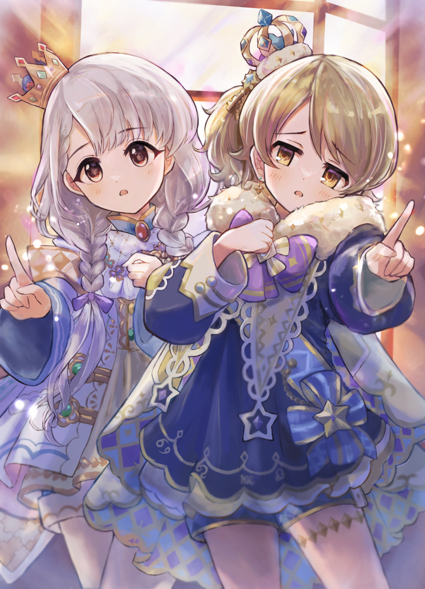 2girls animal asymmetrical_bangs asymmetrical_hair bird blonde_hair blue_bow blue_sash blush bow braid brown_eyes cape clenched_hand commentary crown dot_nose dress feet_out_of_frame fur-trimmed_cape fur_trim gem grey_hair hair_ribbon hand_on_own_chest head_tilt high_collar highres hisakawa_nagi idol idol_clothes idolmaster idolmaster_cinderella_girls idolmaster_cinderella_girls_starlight_stage indoors kataageteto key_hair_ornament light_rays long_hair long_sleeves looking_at_viewer low_twin_braids mantle medium_bangs medium_hair morikubo_nono multicolored_clothes multiple_girls official_alternate_costume official_alternate_hairstyle open_mouth pointing pointing_up prince purple_bow purple_ribbon red_gemstone ribbon sash short_shorts shorts side_ponytail sidelocks sleeve_cuffs standing swept_bangs twin_braids white_dress