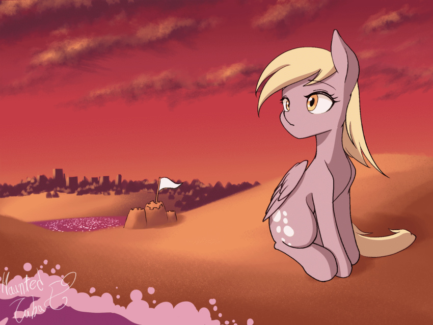 amber_eyes animated beach blonde_hair cutie_mark derpy_hooves_(mlp) equid equine flag flowing_hair friendship_is_magic hair hasbro mammal my_little_pony mythological_creature mythological_equine mythology pegasus sand_castle sculpture sea sitting tail water wind wings yellow_tail