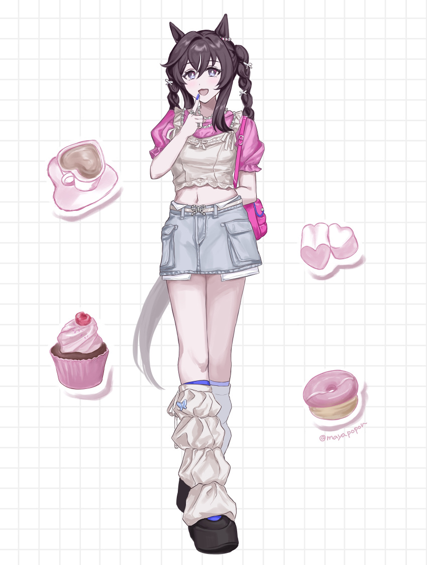 1girl :3 absurdres alternate_costume animal_ears arm_behind_back blue_nails blush braid brown_footwear brown_hair commentary_request cup cupcake denim denim_shorts ear_ornament food frilled_shirt frills full_body hair_between_eyes highres horse_ears horse_girl horse_tail jewelry long_hair loose_socks midriff multicolored_hair navel necklace open_mouth pink_shirt poyanchu shirt short_sleeves shorts smile socks solo streaked_hair tail twin_braids twitter_username umamusume vivlos_(umamusume) white_hair white_socks