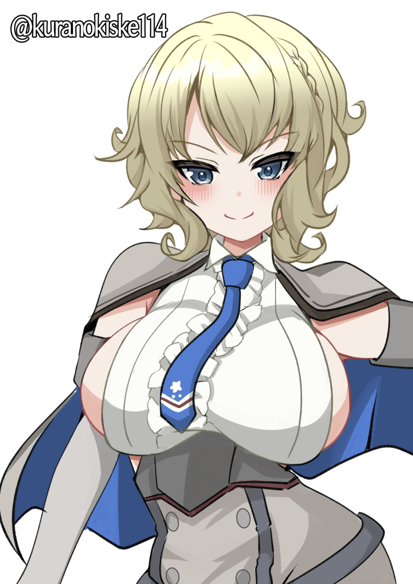 1girl blonde_hair blue_eyes blue_necktie braid breasts capelet collared_shirt colorado_(kancolle) dress dress_shirt elbow_gloves gloves grey_capelet grey_dress highres kantai_collection kurano_kisuke large_breasts looking_at_viewer necktie one-hour_drawing_challenge shirt short_hair side_braids sideboob sideless_shirt simple_background smile solo twitter_username upper_body white_background white_shirt