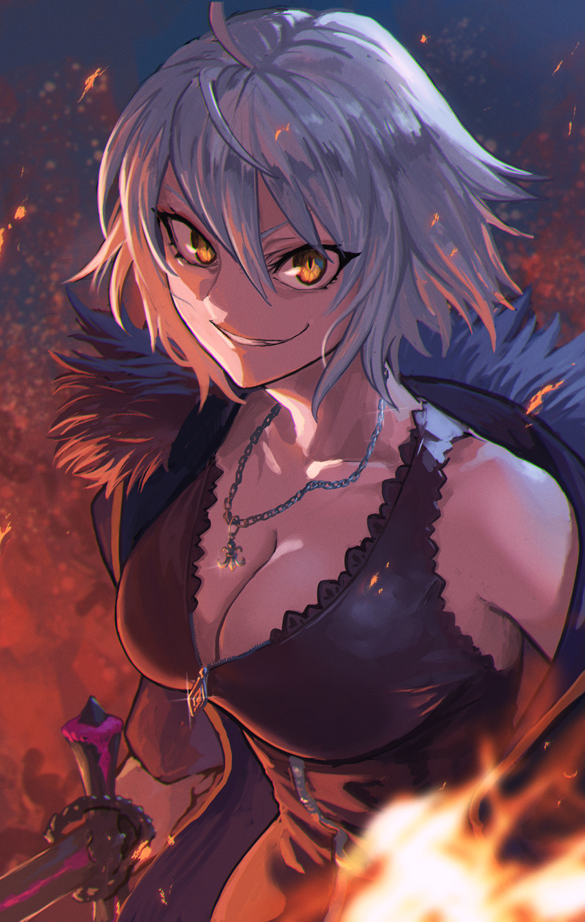 1girl ahoge black_coat breasts cleavage coat dress evil_smile fire highres holding holding_sword holding_weapon jeanne_d'arc_alter_(fate) jeanne_d'arc_alter_(ver._shinjuku_1999)_(fate) jewelry lc_butter pendant short_hair smile sword weapon white_hair yellow_eyes