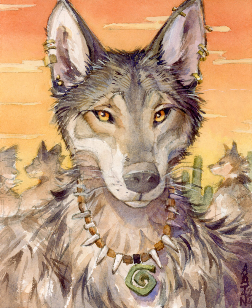 akatan_art anthro bust_portrait canid ear_piercing ear_ring ear_stud front_view fur grey_body grey_fur group hi_res jewelry looking_at_viewer male mammal mouth_closed necklace orange_eyes piercing portrait ring_piercing solo_focus tan_body tan_fur whiskers