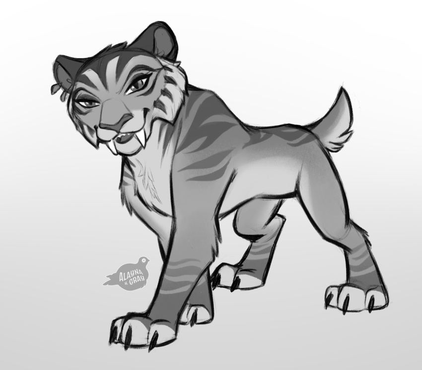 2024 alaynakgray blue_sky_studios chest_tuft ear_piercing fangs felid female feral fur hi_res ice_age_(series) looking_at_viewer mammal monochrome piercing saber-toothed_tiger sabertooth_(anatomy) shira_(ice_age) short_tail sketch solo tail teeth tuft