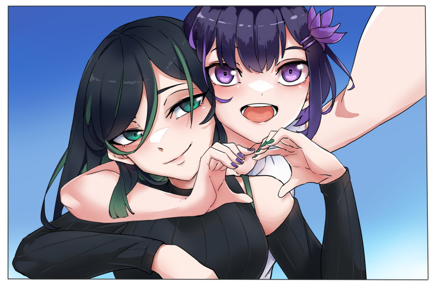 2girls arm_around_neck bidortw black_hair blue_background bra_strap breasts chinese_commentary commentary_request detached_sleeves flower gradient_background green_eyes green_hair green_nails hair_between_eyes hair_flower hair_ornament heart heart_hands heart_hands_duo highres kombu_(springfish) medium_breasts multicolored_hair multiple_girls nail_polish open_mouth purple_eyes purple_hair purple_nails ribbed_sweater selfie single_detached_sleeve smile springfish_studio streaked_hair sweater two-tone_hair xiangyu_(springfish)