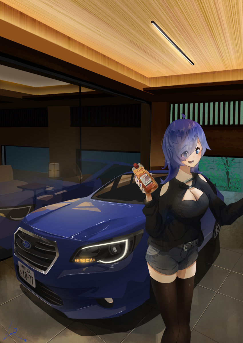 1girl absurdres belt black_belt black_nails black_sweater black_thighhighs blue_eyes blue_hair blush bottle breasts car cleavage cleavage_cutout clothing_cutout eyes_visible_through_hair grey_shorts hair_over_one_eye highres holding holding_bottle medium_breasts medium_hair motor_vehicle open_mouth original reflection shorts shoulder_cutout smile soap_bottle solo subaru_(brand) subaru_wrx sweater thighhighs torepon