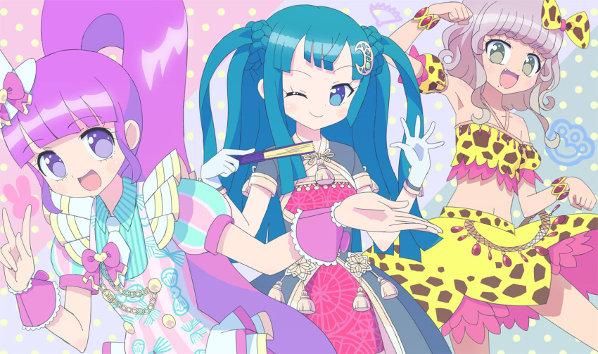 3girls :d ;d animal_print blue_eyes blue_shirt blunt_bangs blunt_ends brown_hair collared_shirt commentary_request cropped_shirt dark-skinned_female dark_skin folding_fan giraffe_print gloves green_eyes green_hair hand_fan hands_up holding holding_fan idol_clothes ku_(residual666) long_hair looking_at_viewer manaka_non midriff mole mole_under_mouth multiple_girls necktie one_eye_closed open_mouth paw_pose pretty_series pripara purple_eyes purple_hair shirt short_hair side_ponytail skirt smile standing taiyo_pepper tassel tsukikawa_chili two_side_up v very_long_hair white_gloves white_necktie wrist_cuffs yellow_shirt yellow_skirt
