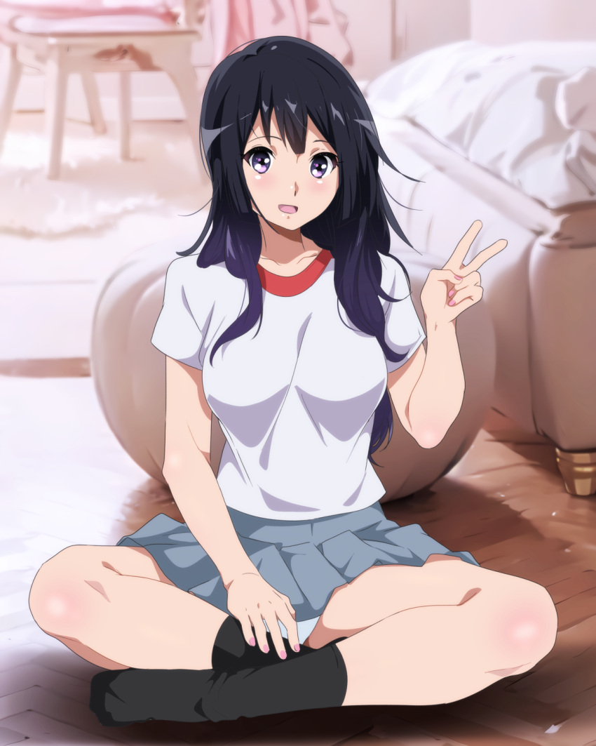 1girl black_hair black_socks blue_skirt blush breasts collarbone full_body gradient_hair hand_up hibike!_euphonium highres indian_style indoors kousaka_reina legs looking_at_viewer medium_breasts miniskirt multicolored_hair nail_polish no_shoes open_mouth panties pink_nails purple_eyes purple_hair sbel02 shadow shirt short_sleeves sitting skirt socks solo thighs underwear v white_panties white_shirt