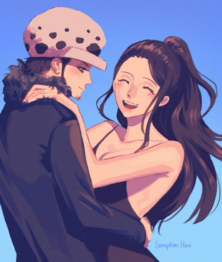 1boy 1girl black_dress black_hair blush breasts cleavage closed_eyes closed_mouth commentary_request couple dress earrings facial_hair fur_hat fur_trim goatee hat hetero highres hug jewelry long_hair long_sleeves looking_at_another nico_robin one_piece ponytail seraphim_hani short_hair sleeveless smile spaghetti_strap trafalgar_law yellow_eyes