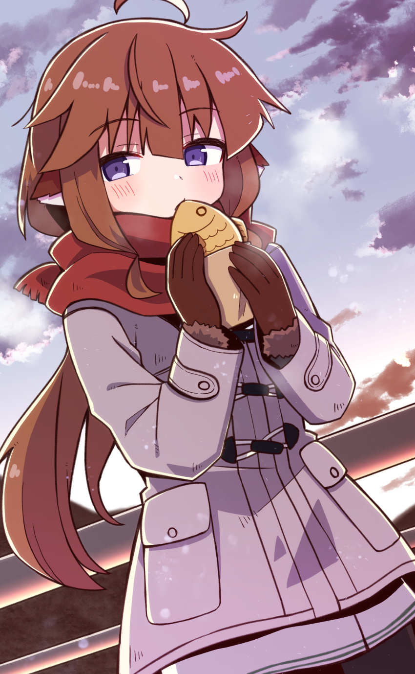 1girl ahoge animal_ears blue_eyes blush brown_gloves brown_hair cloud coat commentary_request cowboy_shot duffel_coat dusk eating food gloves highres long_hair long_sleeves looking_to_the_side low_ponytail original outdoors parted_lips railing red_scarf scarf sky solo taiyaki wagashi yukinagi