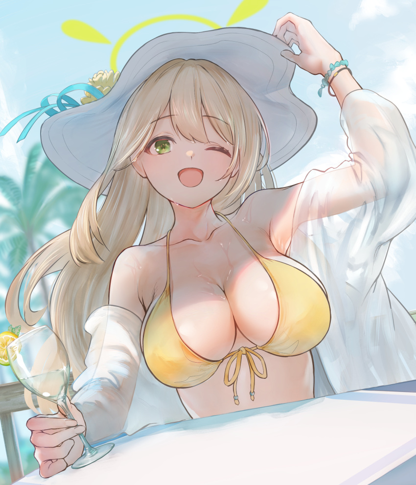 1girl ;d absurdres bikini blue_archive blue_sky bracelet breasts cleavage cloud commentary_request cup day drinking_glass green_eyes green_halo halo hat highres holding holding_cup jewelry large_breasts long_hair looking_at_viewer marulire nonomi_(blue_archive) nonomi_(swimsuit)_(blue_archive) official_alternate_costume one_eye_closed open_mouth outdoors sitting sky smile solo summer sweat swimsuit table white_hat yellow_bikini