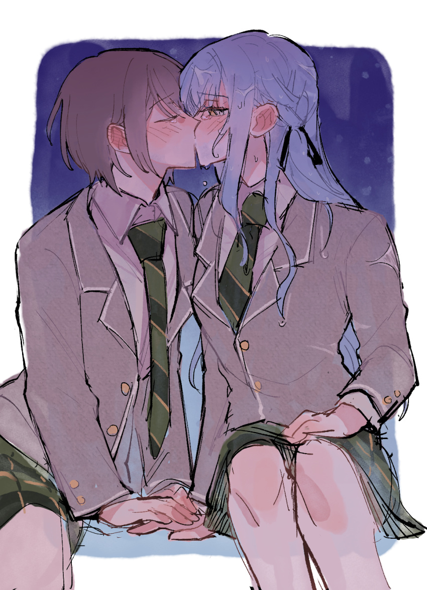 2girls bang_dream! bang_dream!_it's_mygo!!!!! black_ribbon blue_hair blush braid brown_hair closed_eyes collared_shirt ear_blush french_braid green_necktie green_skirt grey_jacket hair_ribbon haneoka_school_uniform highres holding_hands jacket kiss long_sleeves multiple_girls necktie plaid plaid_skirt pleated_skirt ribbon school_uniform shirt sitting skirt takamatsu_tomori togawa_sakiko wet wet_hair white_shirt yellow_eyes yogurt_pt yuri