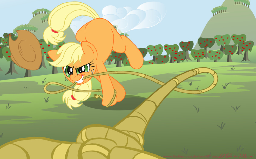 absurd_res applejack_(mlp) blonde_hair equine female feral friendship_is_magic green_eyes hair hi_res horse mammal my_little_pony pony redapropos smile solo