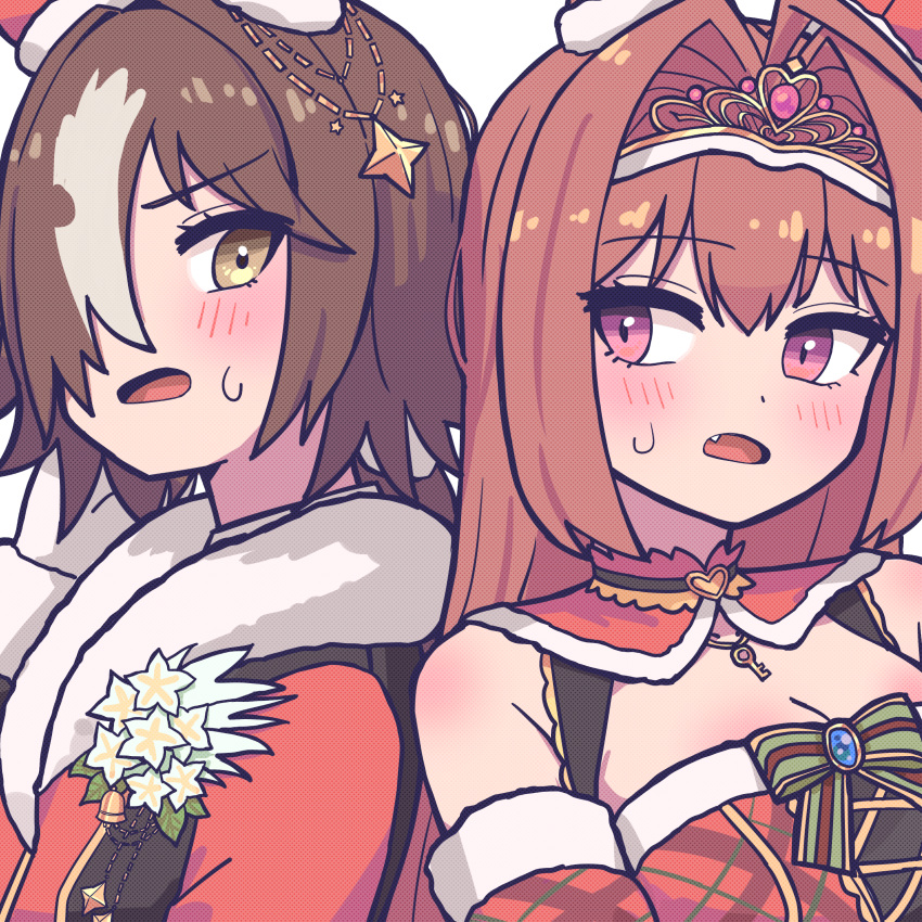 2girls absurdres animal_ears bare_shoulders blush bow breasts brown_eyes brown_hair cleavage commentary_request daiwa_scarlet_(scarlet_nuit_etoile)_(umamusume) daiwa_scarlet_(umamusume) dress fang flower fur-trimmed_jacket fur_trim green_bow hair_intakes hair_over_one_eye highres horse_ears jacket jin_(jinkwon1147) key korean_commentary medium_breasts multicolored_hair multiple_girls open_mouth plaid plaid_dress red_dress red_eyes red_jacket simple_background striped_bow sweat tiara two-tone_hair umamusume upper_body vodka_(nonfreezing_aqua_vitae)_(umamusume) vodka_(umamusume) white_background white_flower white_hair