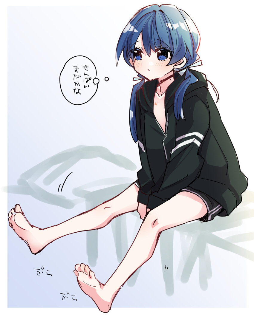 1girl bare_legs barefoot between_legs black_choker black_jacket black_shorts blue_eyes blue_hair blue_ribbon border choker closed_mouth collarbone commentary_request flat_chest full_body hair_ribbon hand_between_legs hands_on_lap hickey highres jacket kanduki_kamibukuro light_blush link!_like!_love_live! long_hair long_sleeves love_live! low_twintails mole mole_on_neck murano_sayaka partially_unzipped ribbon shorts sitting solo translation_request twintails waiting white_border