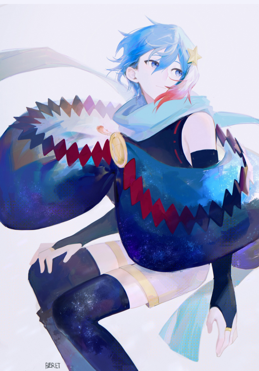 1boy absurdres androgynous beileimao blue_eyes blue_hair blue_scarf blue_thighhighs elbow_gloves gloves hair_ornament highres invisible_chair jewelry kaito_(vocaloid) looking_back male_focus pale_skin poncho ring scarf shirt short_hair shorts signature sitting sleeveless sleeveless_shirt solo star_(symbol) star_hair_ornament star_print thighhighs vocaloid white_background white_shorts