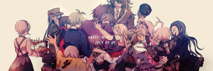 6+boys 6+girls ahoge akamatsu_kaede amami_rantaro android animal_ear_headphones animal_ears antenna_hair apron backpack bag bandaged_arm bandages baseball_cap beanie belt birthday birthday_cake black_apron black_belt black_collar black_gloves black_hairband black_hat black_jacket black_mask black_scarf black_skirt blazer blonde_hair blue_hair blue_shirt blue_skirt blue_sleeves bow braid brown-framed_eyewear brown_hair brown_jacket brown_sleeves cake cat_ears chabashira_tenko checkered_clothes checkered_scarf closed_eyes coattails collar collared_jacket collared_shirt cowboy_shot criss-cross_back-straps crying danganronpa_(series) danganronpa_v3:_killing_harmony dark-skinned_female dark-skinned_male dark_skin dated everyone faceless faceless_female faceless_male fake_animal_ears fingerless_gloves food frilled_skirt frilled_sleeves frills gakuran glasses gloves goggles goggles_on_head gokuhara_gonta green_bow green_hair green_jacket green_sleeves group_hug hair_between_eyes hair_bow hair_ornament hair_over_shoulder hair_ribbon hair_scrunchie hairband hand_on_another's_back happy_birthday harukawa_maki hat headphones high-waist_skirt highres holding holding_clothes holding_food holding_hat hoshi_ryoma hug iruma_miu jacket ki_(tka_ic) layered_sleeves leather leather_jacket long_hair long_sleeves low_twin_braids low_twintails mask messy_hair midriff miniskirt momota_kaito mouth_mask multiple_boys multiple_girls musical_note musical_note_hair_ornament necktie oma_kokichi open_mouth orange_necktie outstretched_arms peaked_cap pink_skirt pink_vest pleated_skirt purple_hair purple_jacket purple_sleeves red_scrunchie red_shirt ribbon round_eyewear saihara_shuichi sailor_collar scarf school_uniform scrunchie serafuku shinguji_korekiyo shirogane_tsumugi shirt short_hair short_sleeves sign simple_background skirt solo spiked_hair straight_hair striped_clothes striped_shirt teardrop thigh_belt thigh_strap third-party_source tojo_kirumi twin_braids twintails two-tone_scarf vertical-striped_sleeves very_long_hair vest white_bag white_hair white_jacket white_ribbon white_sailor_collar white_scarf white_shirt white_sleeves wide_sleeves yellow_background yellow_raincoat yellow_sleeves yonaga_angie yumeno_himiko