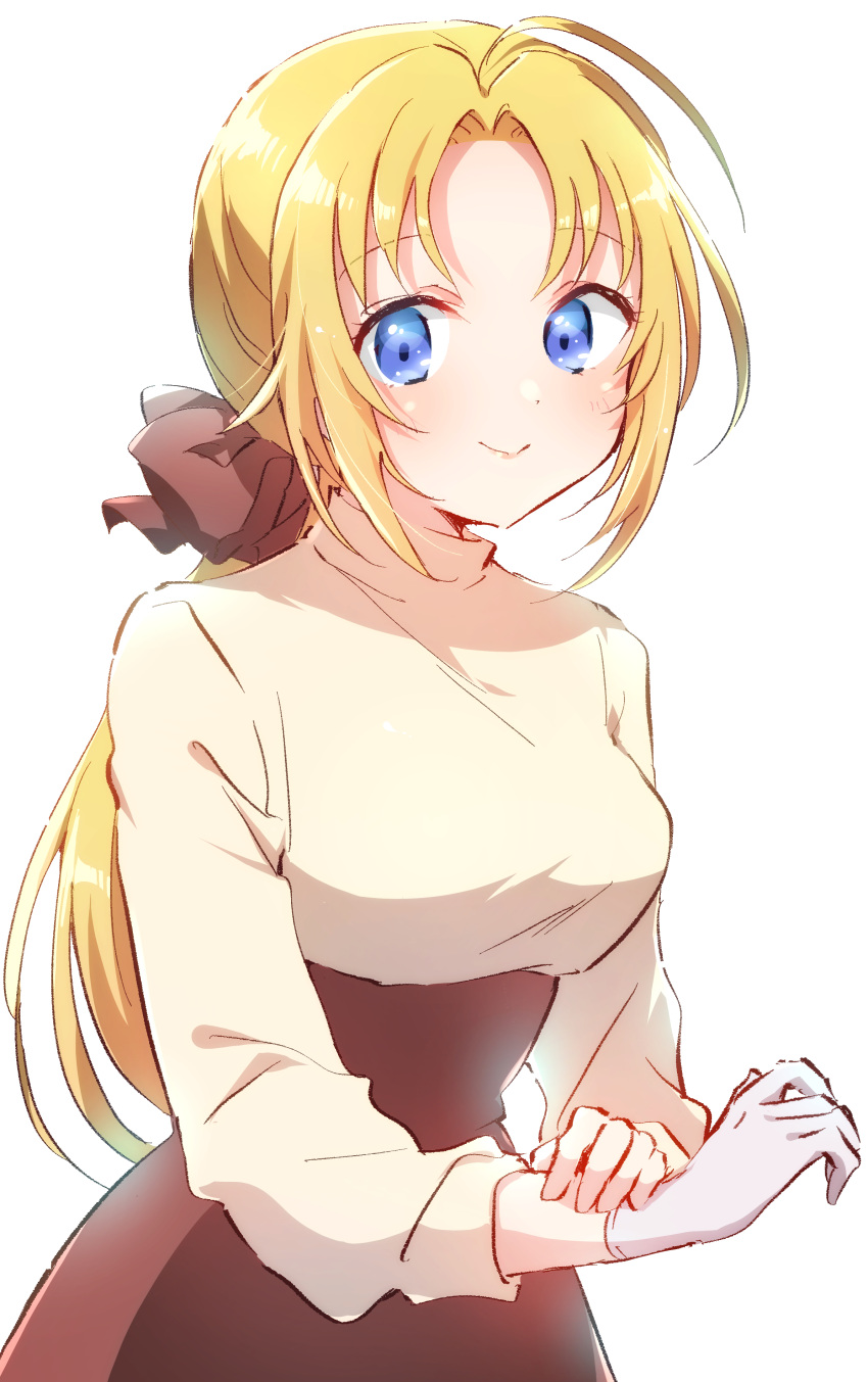 1girl absurdres blonde_hair blue_eyes brown_scrunchie brown_skirt elise_(oegwauisa_elise) hair_ornament hair_scrunchie highres long_sleeves nyaa_(nnekoron) oegwauisa_elise scrunchie shirt simple_background skirt solo white_background white_shirt