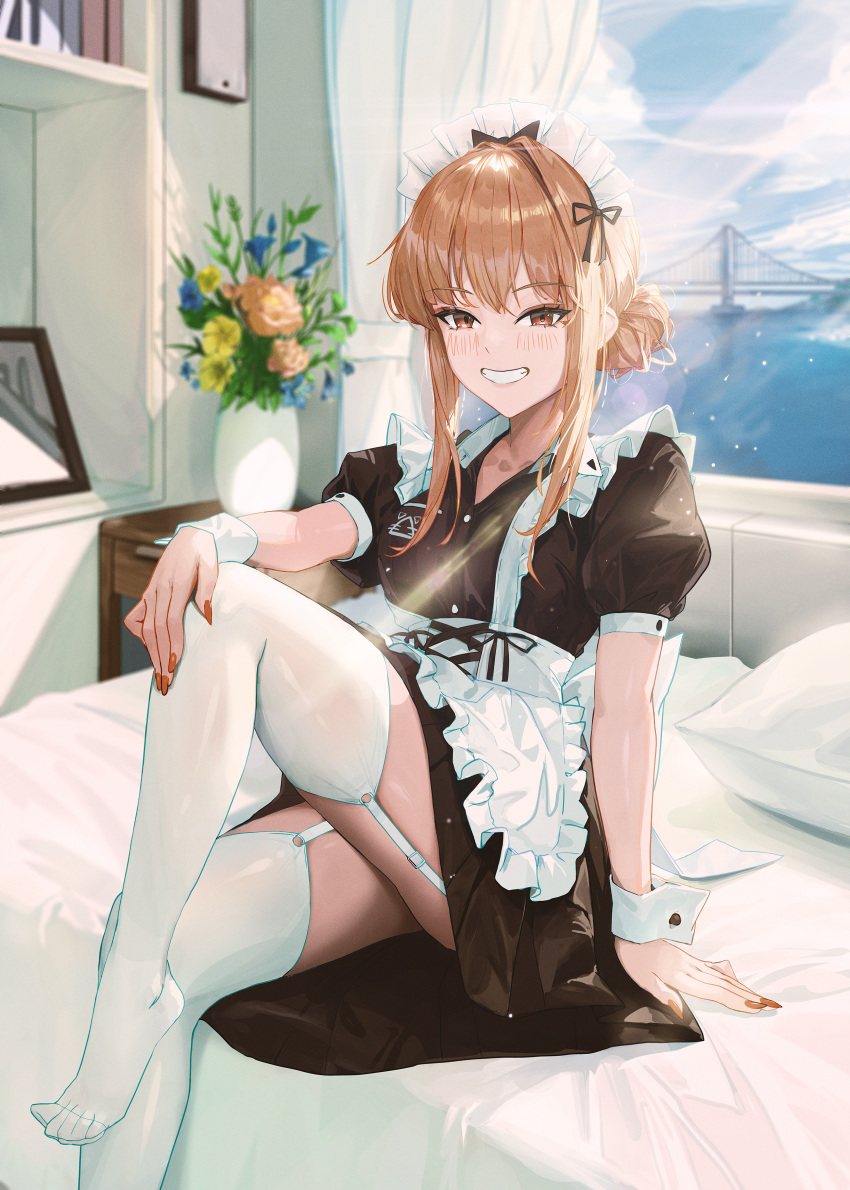 1girl absurdres apron arm_support black_bow black_dress black_ribbon blush bow brown_eyes brown_hair copyright_request day dress fieryonion flower frilled_apron frills garter_straps grin hair_bow hair_bun hair_ribbon hand_on_own_knee highres indoors knee_up looking_at_viewer maid maid_headdress nail_polish no_shoes on_bed pillow puffy_short_sleeves puffy_sleeves red_nails ribbon short_sleeves sidelocks sitting smile solo thighhighs vase white_apron white_garter_straps white_thighhighs window