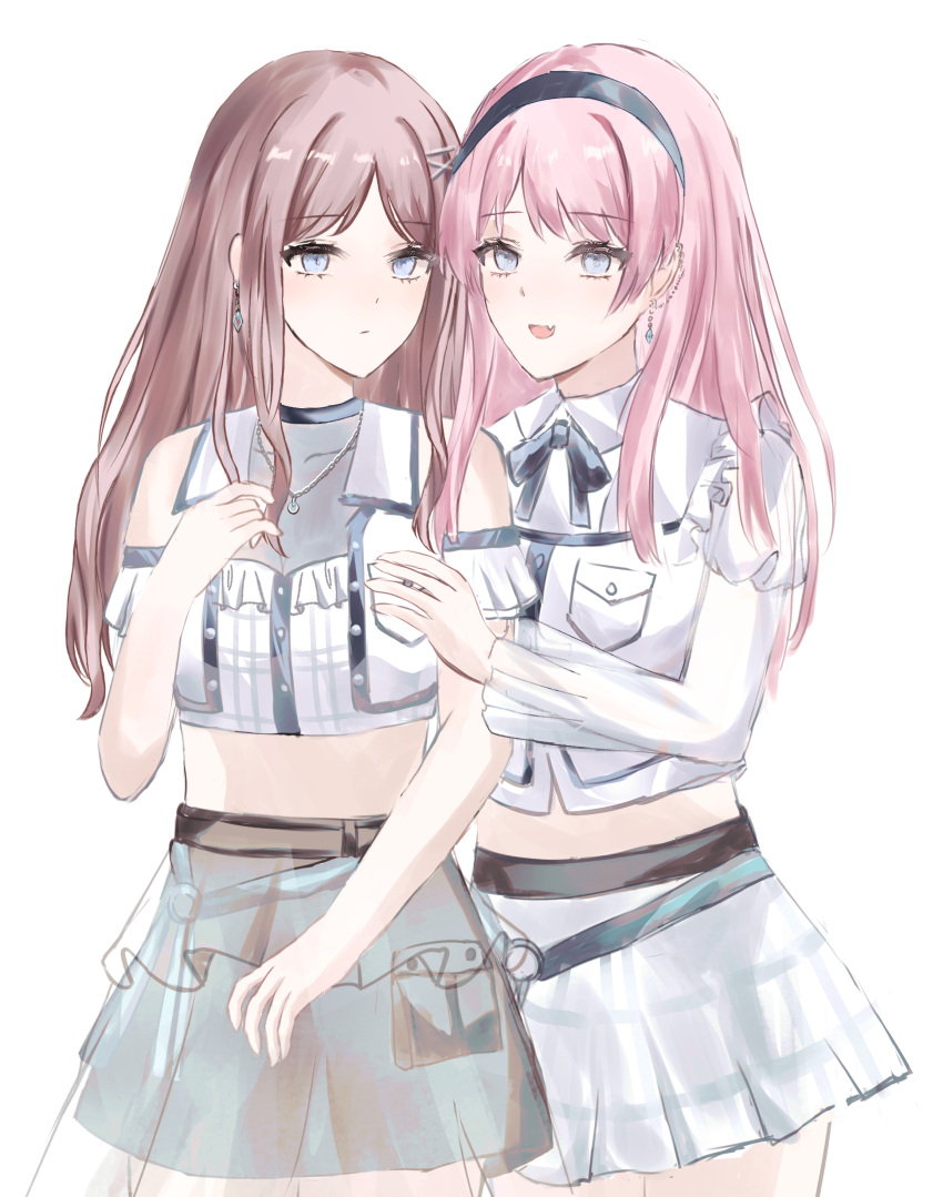 2girls absurdres bang_dream! bang_dream!_it's_mygo!!!!! black_hairband black_ribbon blue_eyes breasts brown_hair chihaya_anon cleavage closed_mouth clothing_cutout commentary covered_collarbone cropped_shirt ear_piercing earrings fang grey_eyes hairband highres jewelry long_hair long_sleeves midriff multiple_girls nagasaki_soyo neck_ribbon open_mouth piercing pink_hair ribbon see-through see-through_cleavage shirt shoulder_cutout sidelocks simple_background skin_fang skirt standing white_background white_shirt white_skirt yingdaoyicha yuri