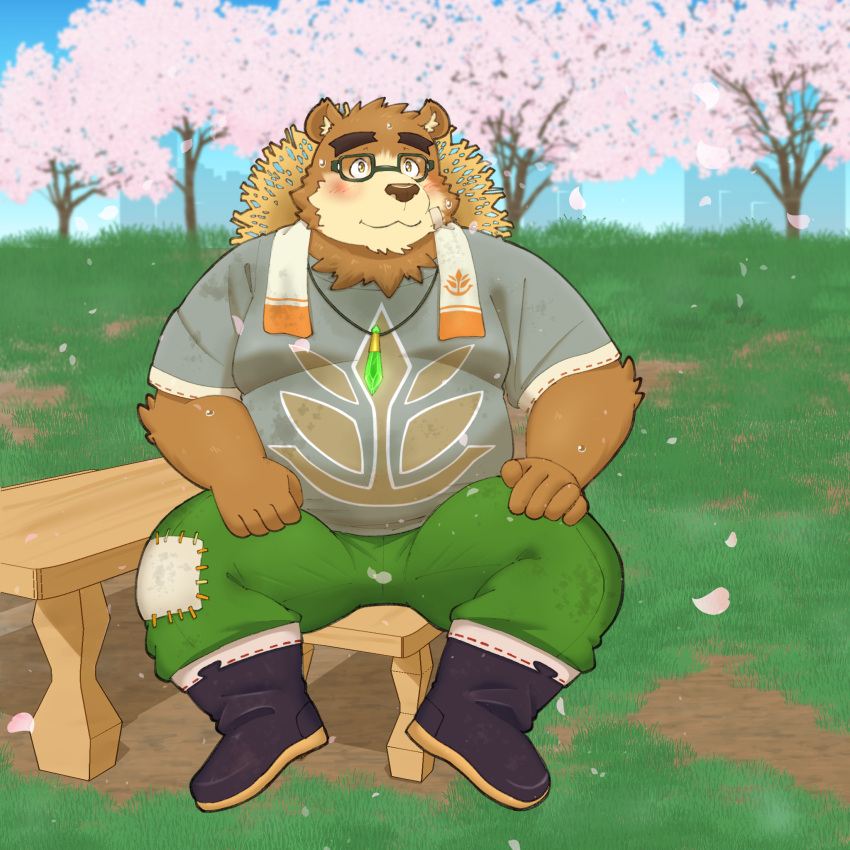 2024 anthro bear belly blush bottomwear cherry_blossom clothing detailed_background eyewear glasses hat headgear headwear hi_res kemono lifewonders male mammal overweight overweight_male pants plant shirt sitting solo straw_hat tokyo_afterschool_summoners topwear towel tree volos_(tas) yaki_atsuage