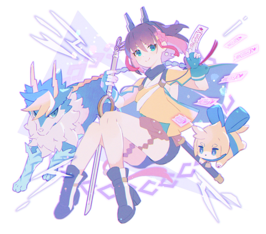 1girl 2others all_fours azure_striker_gunvolt azure_striker_gunvolt_3 dog gunvolt kirin_(gunvolt) komu24 multiple_others