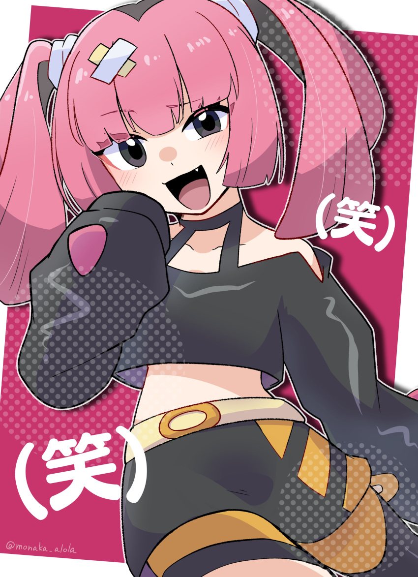 1girl absurdres black_eyes black_hair blush collarbone coral_(pokemon) crop_top fang highres long_sleeves looking_at_viewer monaka_(monaka_alola) open_mouth pink_hair pokemon pokemon_sv short_twintails shorts sleeves_past_wrists smile solo translated twintails