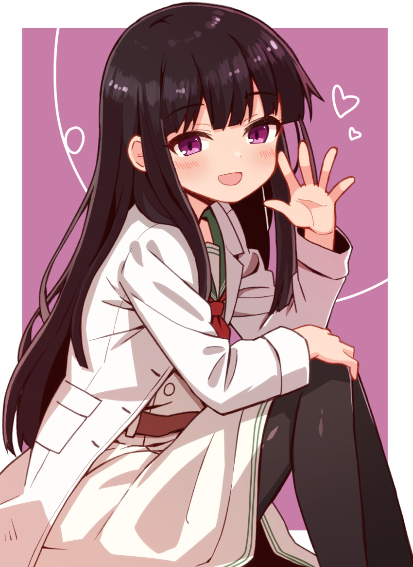 1girl belt black_hair black_pantyhose bow bowtie brown_belt coat commentary_request dress facing_to_the_side green_coat hand_on_own_knee hand_up heart highres knee_up lab_coat light_blush long_hair looking_at_viewer open_mouth original pantyhose purple_eyes red_bow red_bowtie school_uniform serafuku simple_background sitting solo waving white_coat white_dress yukinagi