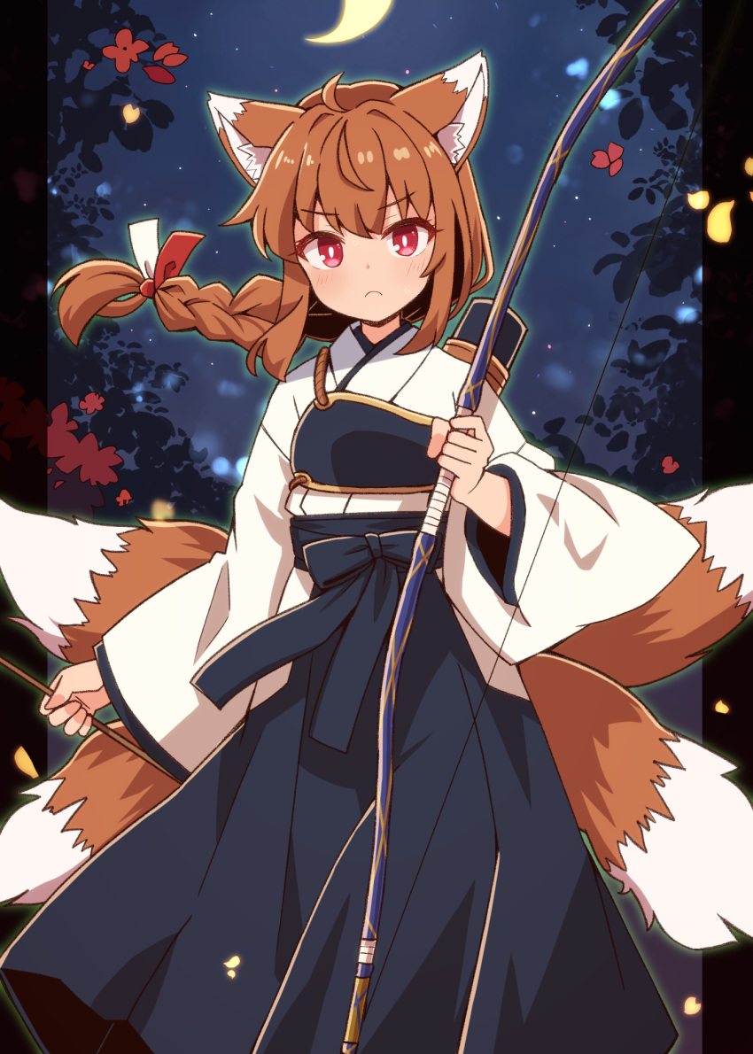 1girl ahoge animal_ears arrow_(projectile) blue_bow blue_sash blue_skirt bow bow_(weapon) braid braided_ponytail brown_hair closed_mouth commentary_request crescent_moon facing_viewer falling_petals feet_out_of_frame foliage fox_ears fox_girl fox_tail frown hair_ribbon highres holding holding_arrow holding_bow_(weapon) holding_weapon japanese_clothes kimono long_hair long_sleeves looking_at_viewer moon multiple_tails muneate night obi original petals quiver red_eyes ribbon sash skirt solo standing star_(sky) tail weapon white_kimono wide_sleeves yukinagi