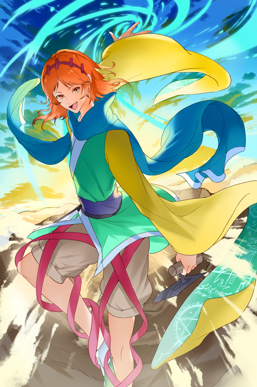 1other absurdres androgynous blue_scarf hairband highres japanese_clothes kimono len'en long_sleeves open_mouth orange_eyes orange_hair other_focus red_hairband scarf short_hair shorts smile wide_sleeves yoni. zuifeng_tenkai