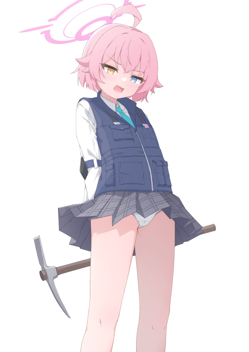 1girl absurdres ahoge black_skirt black_vest blue_archive blue_eyes blush collared_shirt feet_out_of_frame halo heterochromia highres holding holding_pickaxe hoshino_(blue_archive) hoshino_(young)_(blue_archive) long_sleeves mizusaki_(kn27) open_mouth panties pickaxe pink_hair pink_halo pleated_skirt shirt short_hair simple_background skirt solo underwear vest white_background white_panties white_shirt yellow_eyes