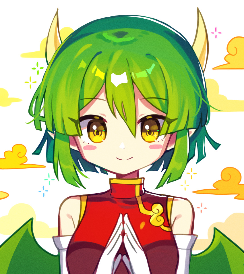 1girl absurdres blush breasts character_name closed_mouth draco_centauros dragon_girl dragon_horns dragon_wings dress elbow_gloves gloves green_hair highres horns looking_at_viewer medium_breasts offbeat pointy_ears puyopuyo red_dress short_hair sleeveless sleeveless_dress smile solo upper_body white_gloves wings