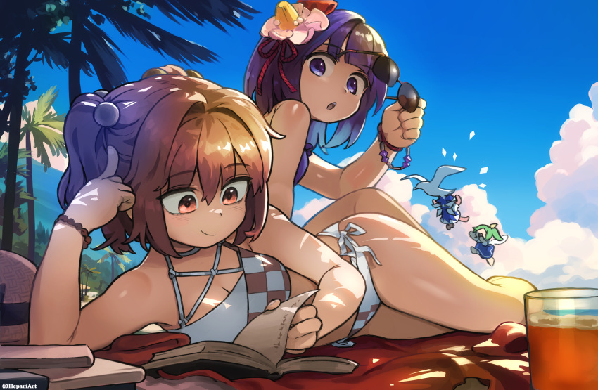 4girls absurdres arm_support bikini bird blue_hair book bracelet checkered_bikini checkered_clothes cirno cloud daiyousei drink flower green_hair hair_bobbles hair_flower hair_ornament hat hepari hieda_no_akyuu highres jewelry light_smile lying motoori_kosuzu multiple_girls on_side outdoors palm_tree purple_eyes purple_hair reading red_eyes red_hair seagull short_hair side-tie_bikini_bottom sunglasses swimsuit touhou tree twitter_username unworn_hat unworn_headwear white_bikini