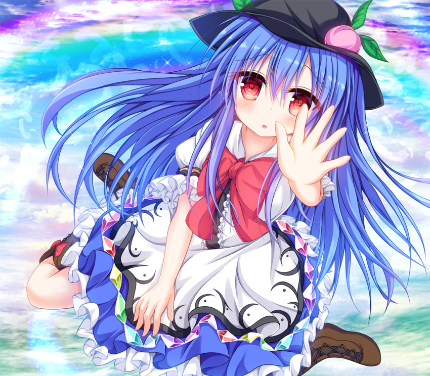 1girl apron black_hat blue_hair blue_skirt blue_sky boots bow bowtie brown_footwear center_frills cloud collared_shirt commentary_request cross-laced_footwear day diao_ye_zong field footwear_bow frilled_skirt frilled_sleeves frills full_body hand_on_lap hinanawi_tenshi knee_boots light_blush long_hair manma_(manmamia) medium_skirt outdoors parted_lips partial_commentary peach_hat_ornament puffy_short_sleeves puffy_sleeves rainbow rainbow_gradient raised_eyebrows reaching reaching_towards_viewer red_bow red_bowtie red_eyes shide shirt short_sleeves sitting skirt sky solo sparkle touhou very_long_hair waist_apron wariza white_apron white_shirt white_sleeves