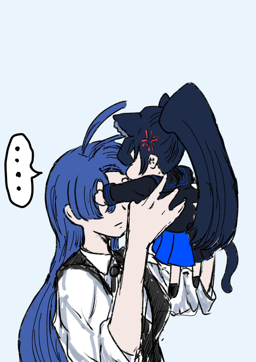 ... 2girls ado_(utaite) ahoge anger_vein animal_ear_fluff animal_ears black_sailor_collar black_serafuku black_shirt black_skirt black_vest blue_background blue_hair blue_skirt cat_ears cat_girl cat_tail cloud_nine_inc collared_shirt covering_another's_eyes dark_blue_hair highres kemonomimi_mode lone_nape_hair long_hair long_sleeves merry_(ado) mini_person multiple_girls naima_(ado) pleated_skirt ponytail readymade_(ado) sailor_collar school_uniform serafuku shirt simple_background skirt sleeves_past_elbows spoken_ellipsis tail tone_(tone0604) two-tone_skirt upper_body usseewa vest white_shirt