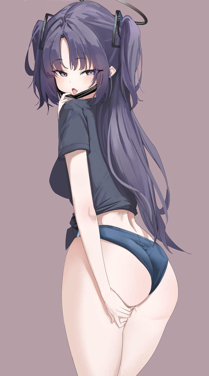 1girl absurdres ass bare_legs black_mask black_shirt blue_archive blue_buruma blush breasts buruma halo highres laneigu looking_at_viewer looking_back mask mask_pull medium_breasts micro_shorts mouth_mask purple_eyes purple_hair shirt short_sleeves shorts simple_background solo thighs tongue tongue_out two_side_up yuuka_(blue_archive) yuuka_(track)_(blue_archive)