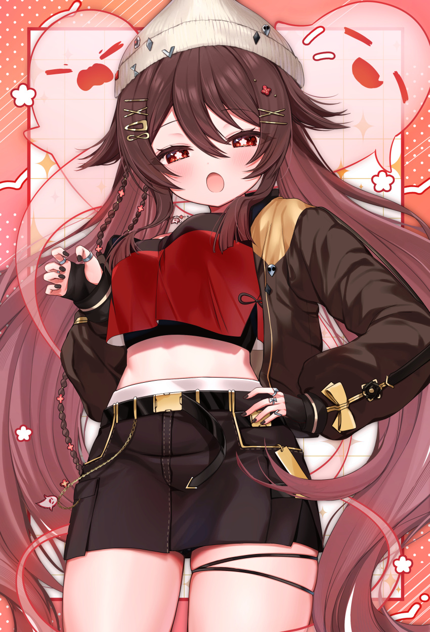1girl absurdres black_gloves black_nails black_skirt boo_tao_(genshin_impact) breasts brown_hair brown_jacket commentary_request cowboy_shot crop_top fingerless_gloves flower genshin_impact gloves hair_ornament hand_on_own_hip highres hu_tao_(galaxy_store)_(genshin_impact) hu_tao_(genshin_impact) ineka_ka jacket jewelry long_hair looking_at_viewer medium_breasts midriff miniskirt nail_polish official_alternate_costume open_clothes open_jacket open_mouth pink_background red_eyes red_shirt shirt skirt thigh_strap thighs twintails