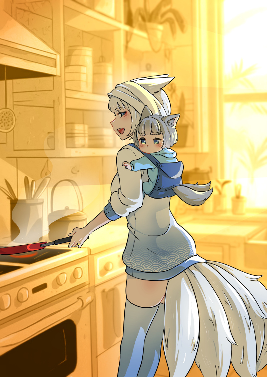 absurdres animal_ears azur_lane baby babywearing blue_eyes blue_sweater blue_thighhighs canned_sardines commission cooking fox_ears fox_tail gradient_sweater highres kaga_(azur_lane) kitchen kitsune mother_and_son multiple_tails open_mouth stove sweater tail teeth thighhighs upper_teeth_only white_hair white_sweater white_tail