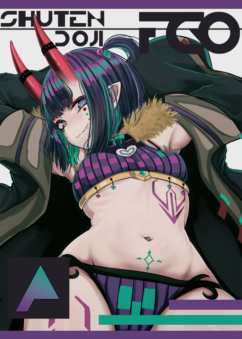 1girl arms_up b.d bikini black_jacket bob_cut breasts character_name fate/grand_order fate_(series) highres horns jacket long_sleeves looking_at_viewer navel oni pointy_ears purple_bikini short_eyebrows short_hair shuten_douji_(fate) skin-covered_horns small_breasts smile solo swimsuit tattoo